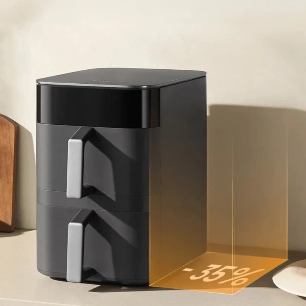 Xiaomi Smart Double Stack Air Fryer 12L, friteuse noire à deux tiroirs empilés, poignées grises, design compact moderne, économie d’énergie -35%