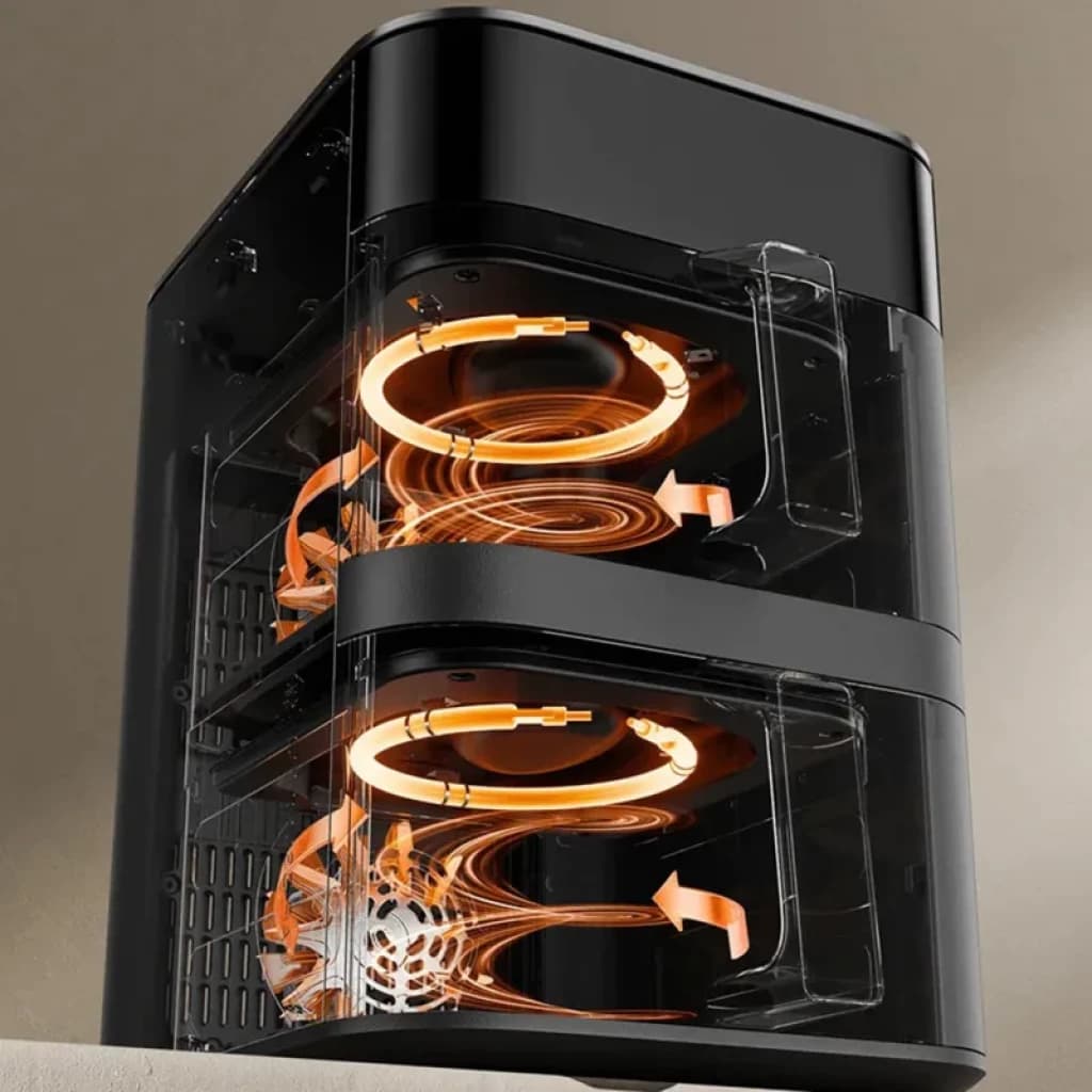 Xiaomi Smart Double Stack Air Fryer 12L avec double compartiment transparent, résistances circulaires visibles, cuisson à air chaud homogène et design noir