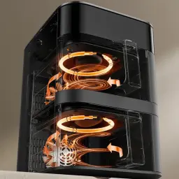 Xiaomi Smart Double Stack Air Fryer 12L avec double compartiment transparent, résistances circulaires visibles, cuisson à air chaud homogène et design noir