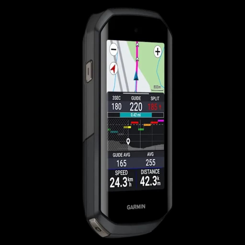 Vue à 45 degrés du compteur de vélo Garmin Edge 1050 avec écran tactile couleur, cartes en direct et mesures de la vitesse, de la distance et des performances en temps réel