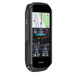 Vue à 45 degrés du compteur de vélo Garmin Edge 1050 avec écran tactile couleur, cartes en direct et mesures de la vitesse, de la distance et des performances en temps réel