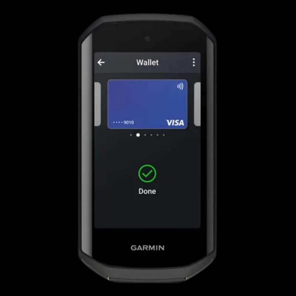 Garmin Edge 1050, compteur de vélo avec écran tactile couleur affichant Wallet et paiement Visa, boîtier noir compact et bords arrondis