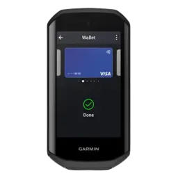 Garmin Edge 1050, compteur de vélo avec écran tactile couleur affichant Wallet et paiement Visa, boîtier noir compact et bords arrondis