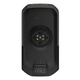 Arrière du Garmin Edge 1050 avec support circulaire quart de tour, broches de chargement/données dorées, boîtier noir texturé et bords renforcés