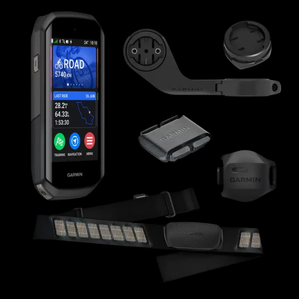 Garmin Edge 1050 Bundle compteur de vélo avec écran couleur et support ; comprend une ceinture cardiaque, un capteur de cadence, un capteur de vitesse et des adaptateurs