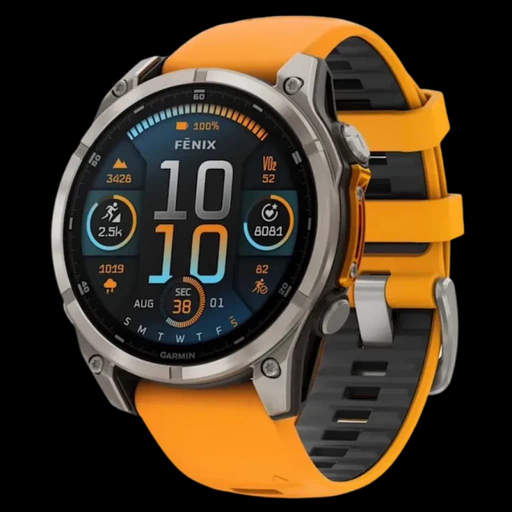 Garmin Fenix 8 AMOLED 47 mm, bisel de titanio zafiro, pantalla a color con métricas deportivas, botones metálicos y correa de silicona naranja