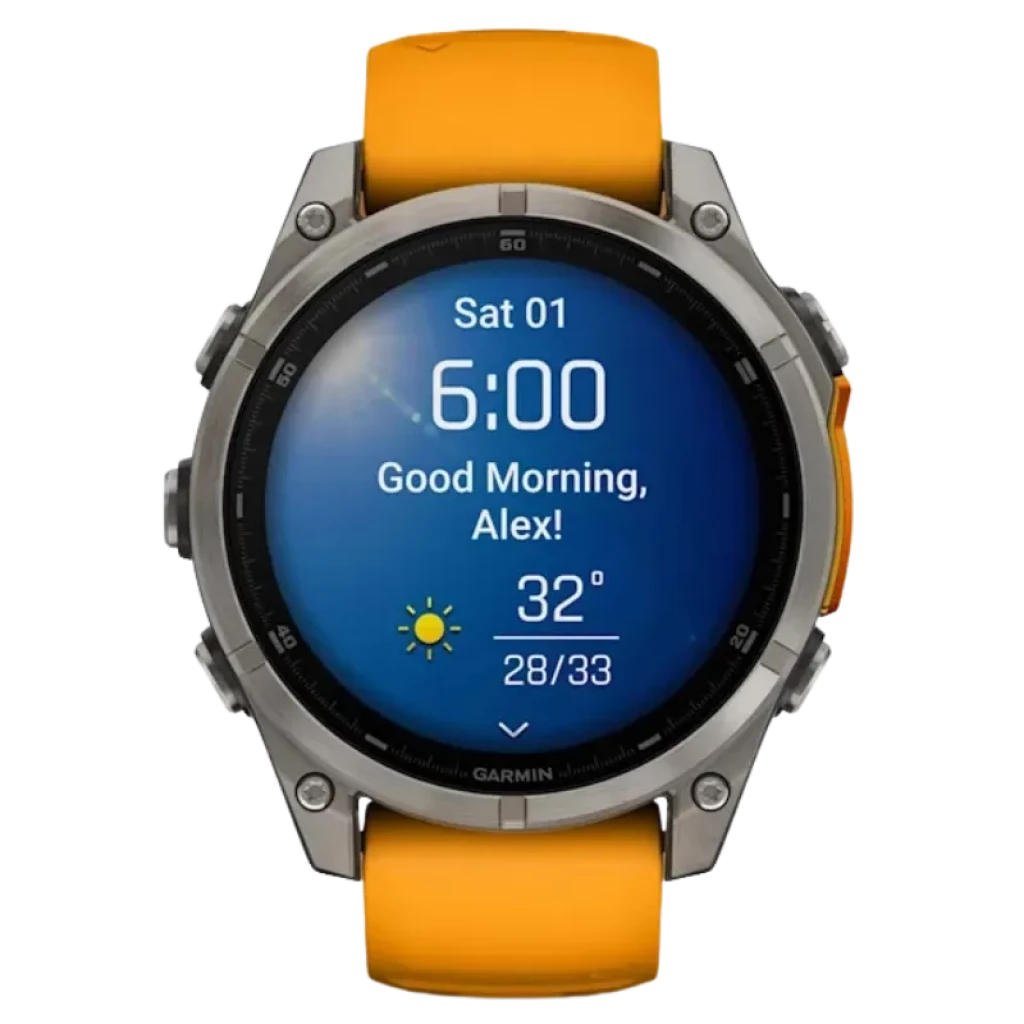 Garmin Fenix 8 AMOLED 47 mm, bisel de titanio zafiro, pantalla a color con métricas deportivas, botones metálicos y correa de silicona naranja - Ítem1