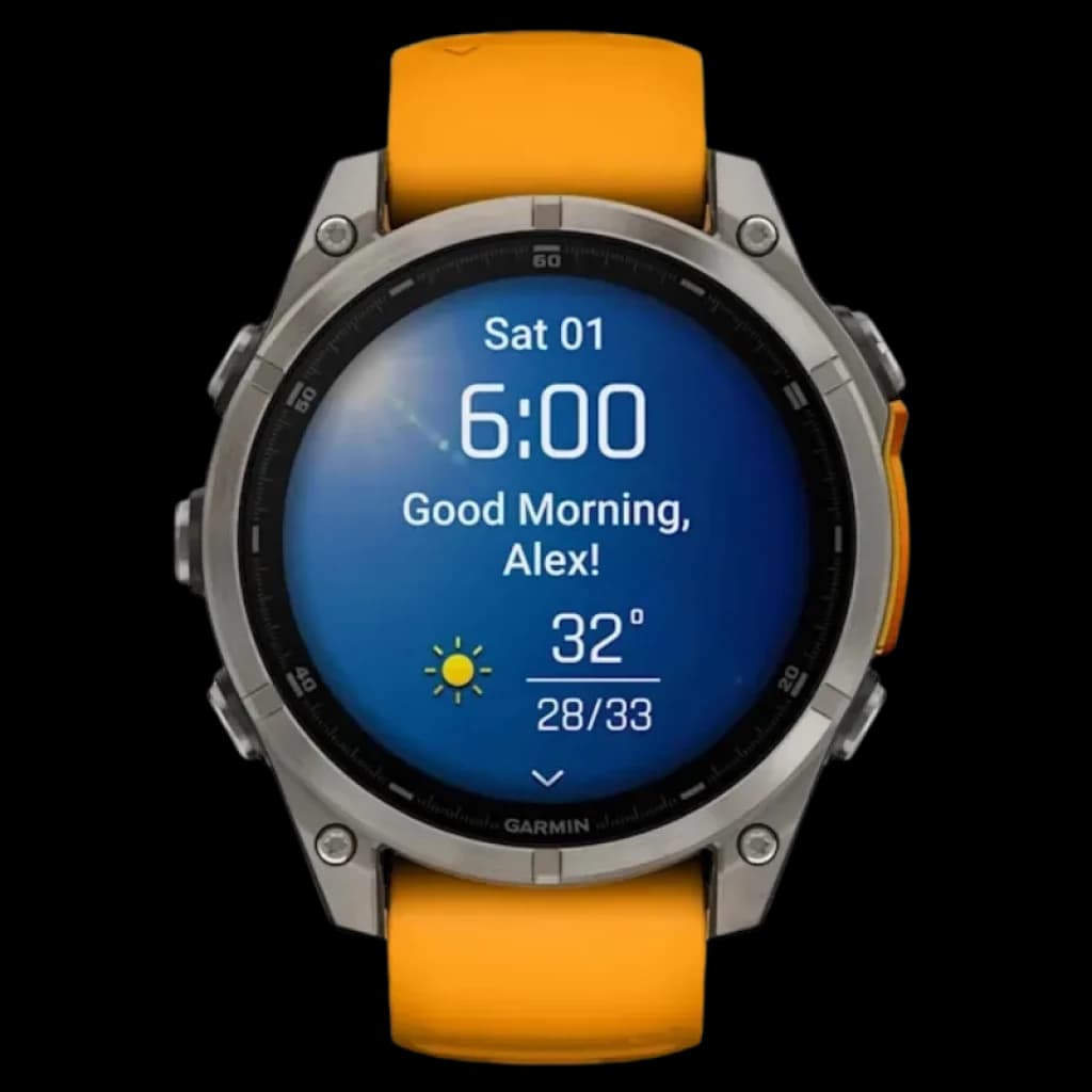 Garmin Fenix 8 AMOLED 47 mm Sapphire de titanio con correa de silicona naranja, bisel robusto, pantalla brillante con widgets de clima y salud