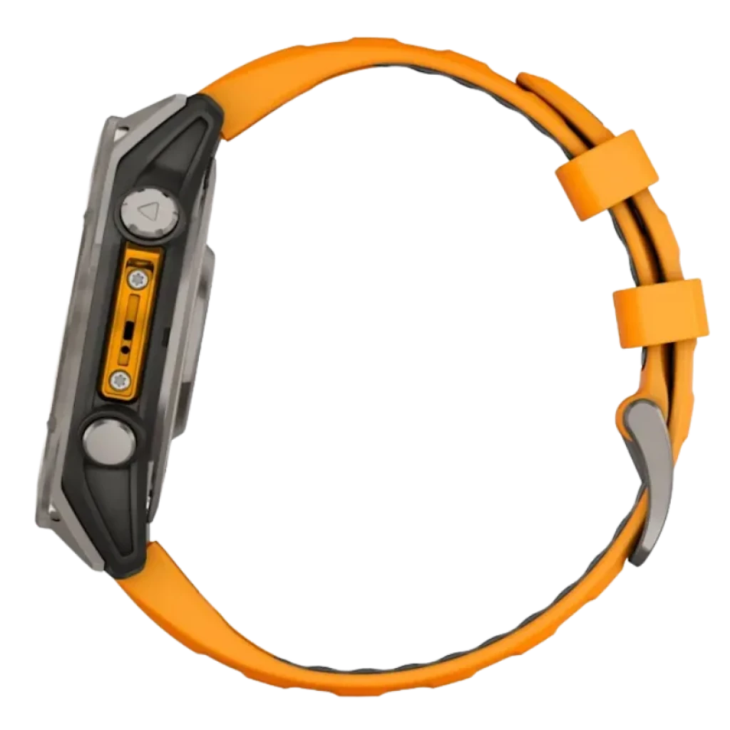 Garmin Fenix 8 AMOLED 47 mm, bisel de titanio zafiro, pantalla a color con métricas deportivas, botones metálicos y correa de silicona naranja - Ítem2