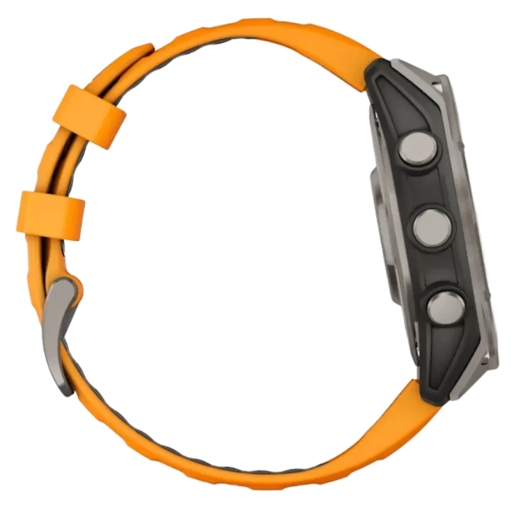 Garmin Fenix 8 AMOLED 47 mm, bisel de titanio zafiro, pantalla a color con métricas deportivas, botones metálicos y correa de silicona naranja - Ítem3