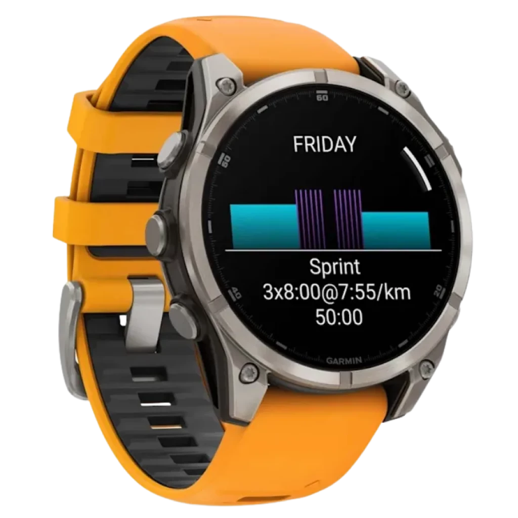 Garmin Fenix 8 AMOLED 47 mm, bisel de titanio zafiro, pantalla a color con métricas deportivas, botones metálicos y correa de silicona naranja - Ítem4