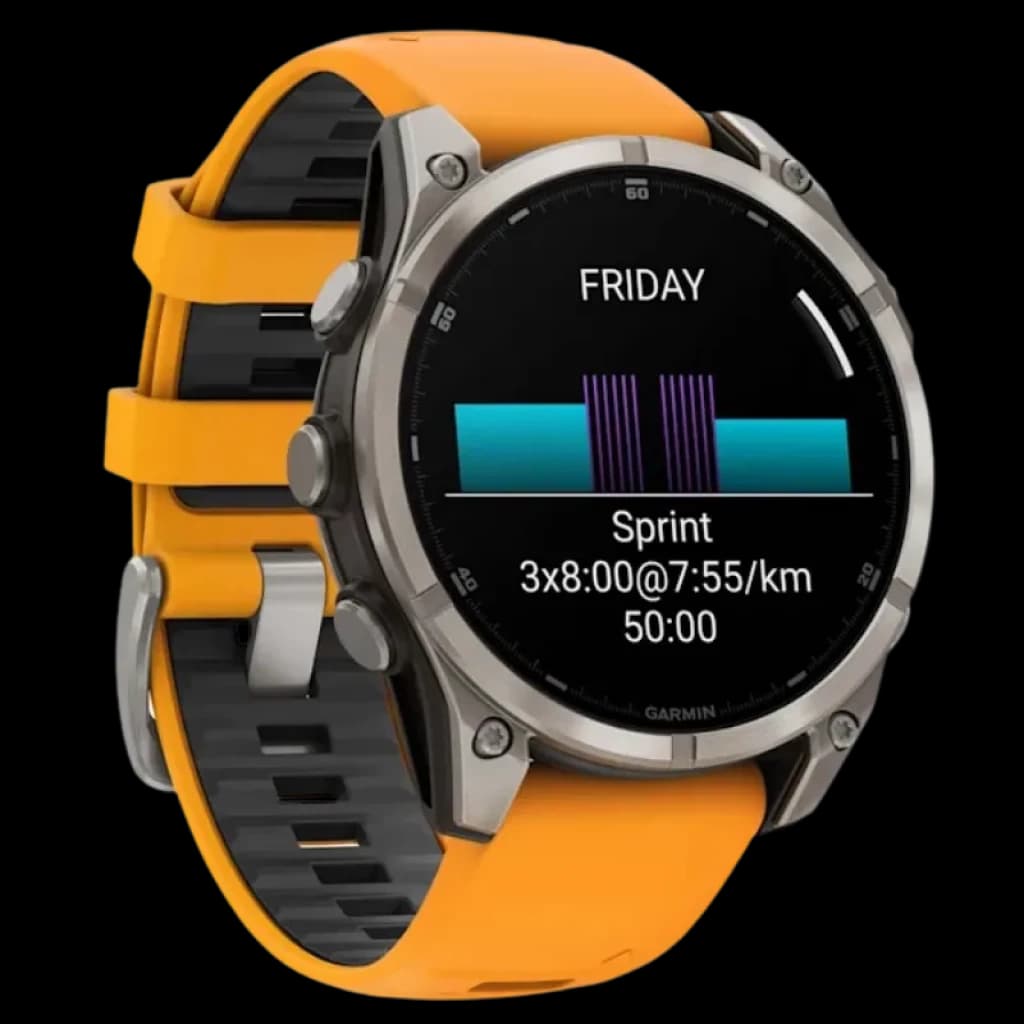 Garmin Fenix 8 AMOLED 47 mm, bisel de titanio sapphire, pantalla negra con métricas de entrenamiento, correa de silicona naranja