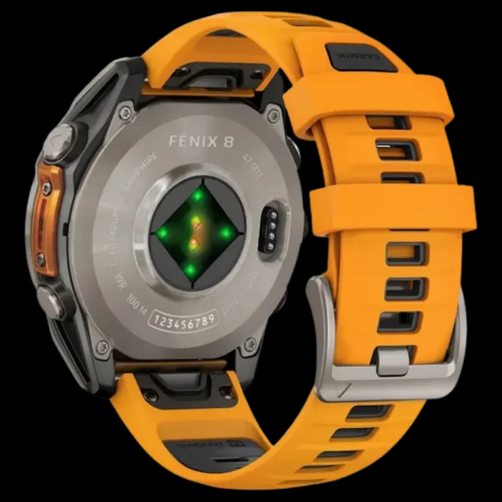 Reloj Garmin Fenix 8 AMOLED 47 mm, trasera de titanio con sensor óptico verde, cristal sapphire y correa de silicona naranja con hebilla metálica