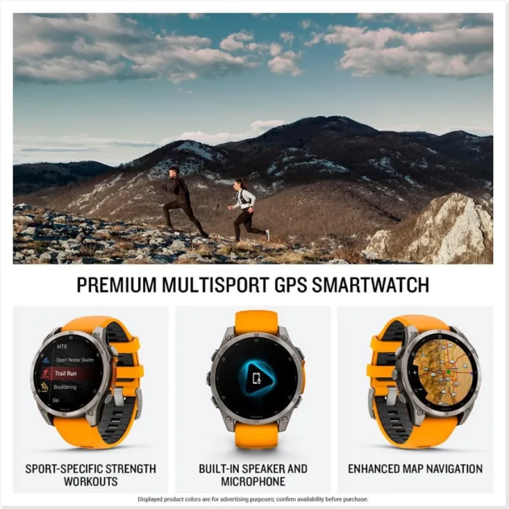 Garmin Fenix 8 AMOLED 47 mm, bisel de titanio zafiro, pantalla a color con métricas deportivas, botones metálicos y correa de silicona naranja - Ítem6