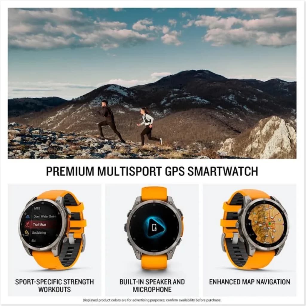 Funciones principales incluyendo GPS, altavoz integrado y diseño robusto del Garmin Fenix 8 en color naranja