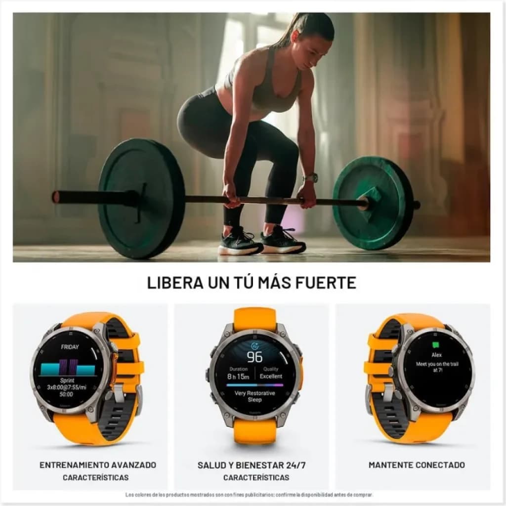 Imagen promocional del Garmin Fenix 8 color naranja con funciones de monitoreo de salud, entrenamiento y conectividad