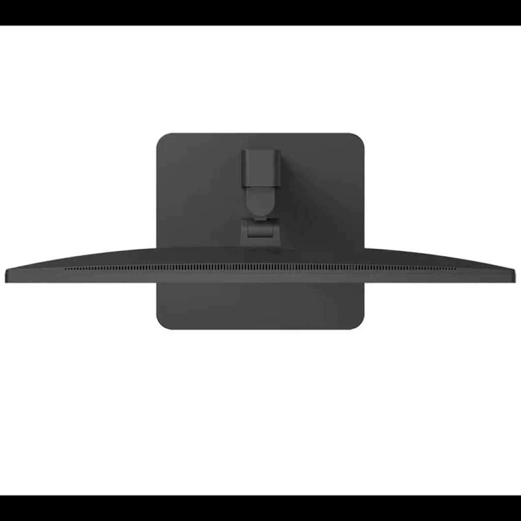 Vue arrière du moniteur noir avec courbure légère, grille de ventilation fine et bras de support central réglable, format 27 pouces élégant et épuré