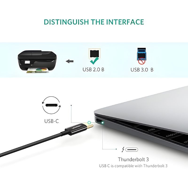 Câble Ugreen USB C vers USB B 2 m noir, connecteurs métalliques robustes, gaine souple, idéal pour imprimantes et scanners, transfert stable et durable - Ítem1