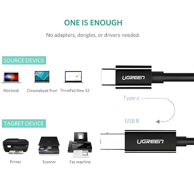 Câble Ugreen USB C vers USB B 2 m noir, connecteurs métalliques robustes, gaine souple, idéal pour imprimantes et scanners, transfert stable et durable - Ítem2