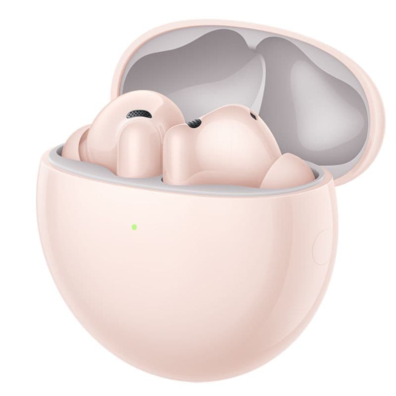 Huawei FreeBuds 7i TWS ANC Rosa en estuche ovalado rosa claro, tapa abierta. Auriculares intraurales compactos con rejillas metálicas y luz LED frontal.