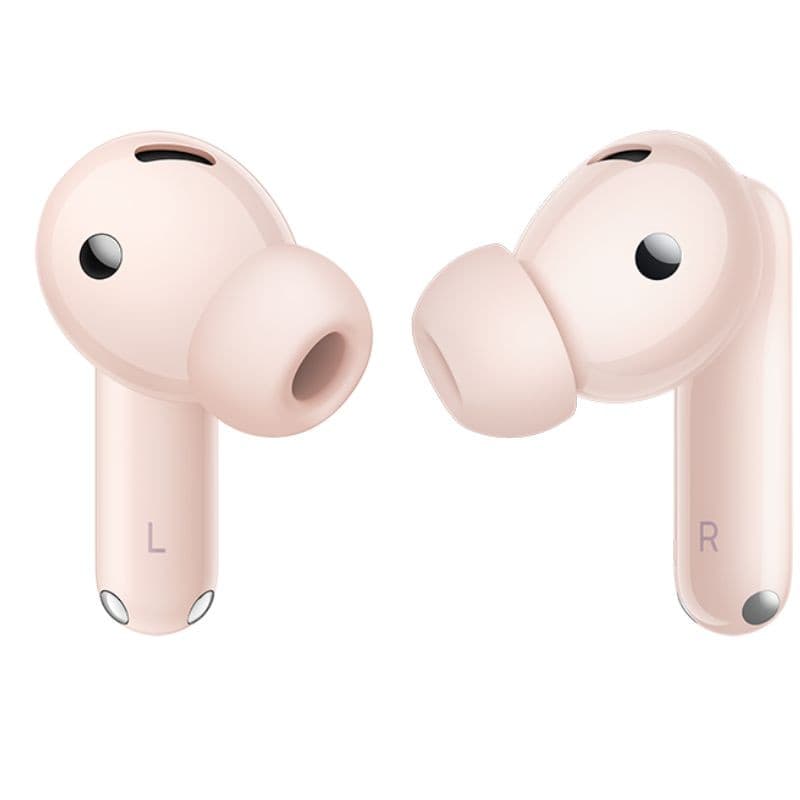 Huawei FreeBuds 7i TWS ANC Rosa: audífonos intraurales rosa pálido con puntas de silicona, diseño compacto tipo bastón y marcas L y R visibles