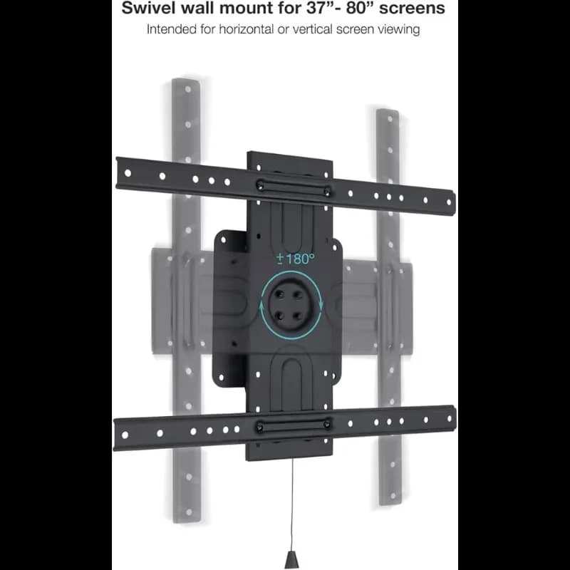 Support mural TooQ LP3780F pivotant jusqu’à 180°, compatible écrans 37 à 80 pouces, VESA 600x400, montage horizontal ou vertical, finition noire robuste