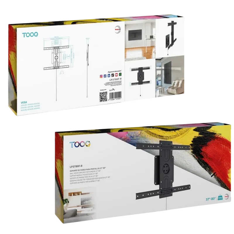 TooQ LP3780F support mural TV 37 à 80 pouces acier noir profil fin VESA 600x400 plaque centrale robuste bras horizontaux perforés tirette de sécurité - Ítem6