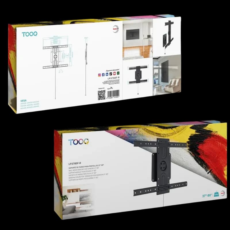 TooQ LP3780F support mural pour TV 37 à 80 pouces, bras articulé pivotant, VESA 600x400, finition noire robuste, gestion des câbles intégrée