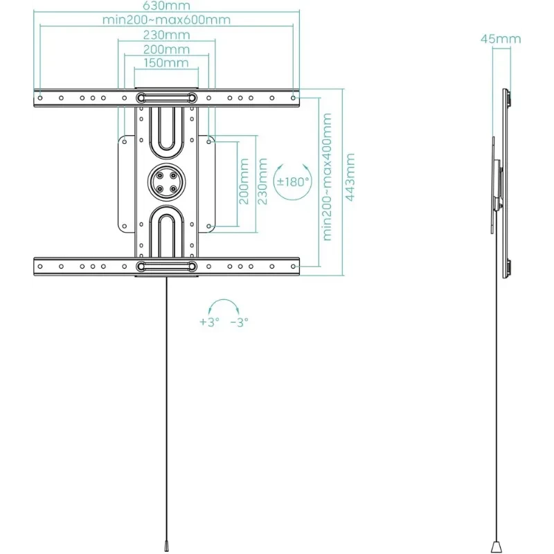 TooQ LP3780F support mural TV 37 à 80 pouces acier noir profil fin VESA 600x400 plaque centrale robuste bras horizontaux perforés tirette de sécurité - Ítem5