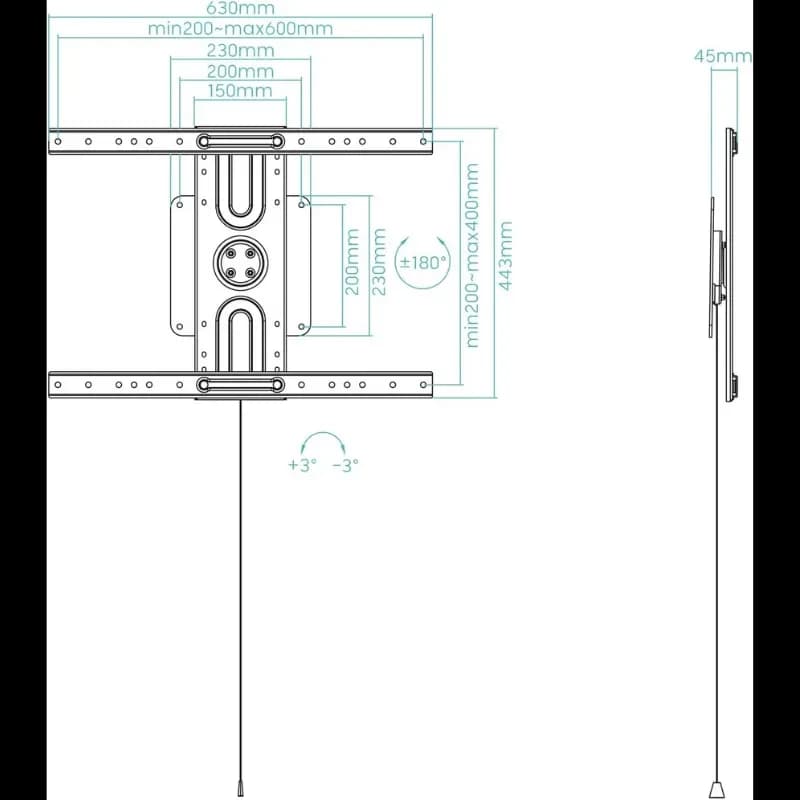 Support mural TV TooQ LP3780F pour écrans 37 à 80, VESA 600x400, profil ultra fin 45 mm, inclinaison ±3°, gestion de câbles, montage solide en acier