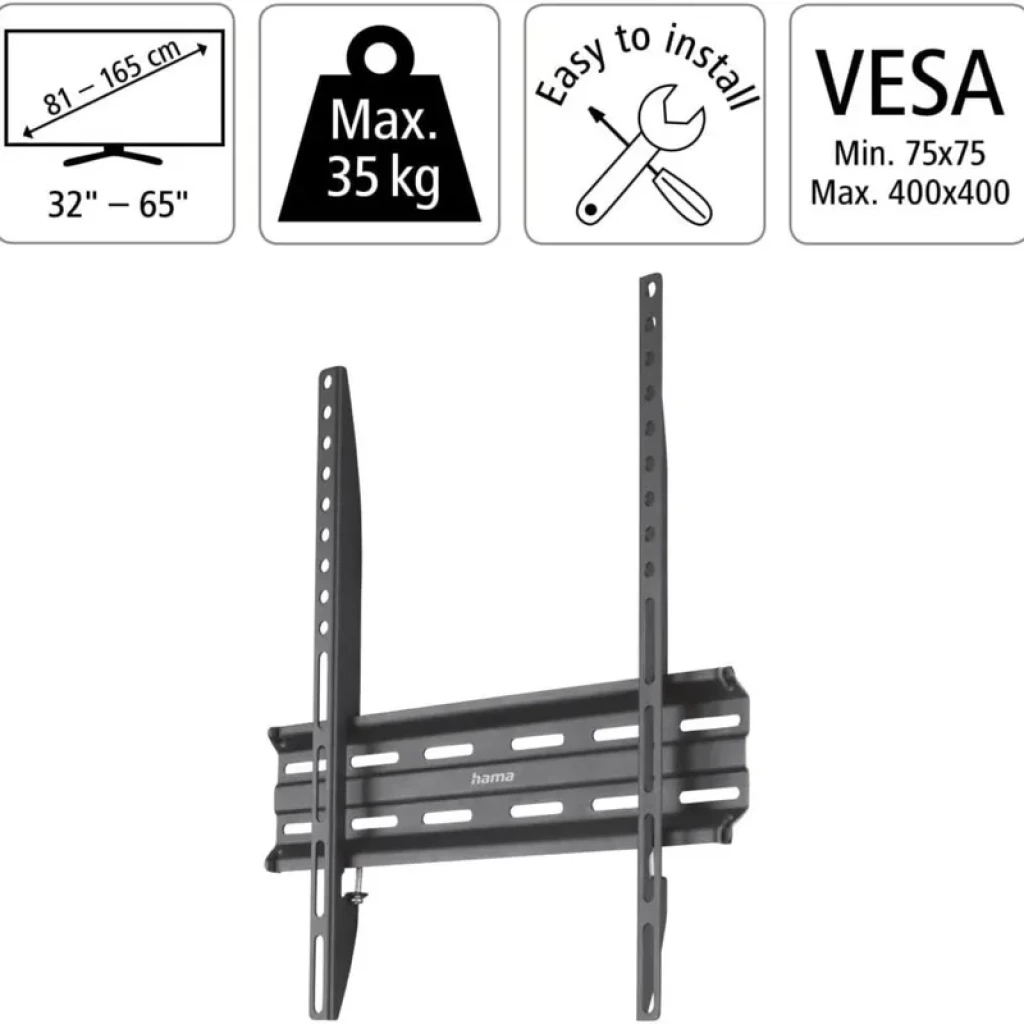 Soporte de TV Hama 00220809 negro, pared, perfil delgado. Compatibilidad 32 a 65 pulgadas, VESA hasta 400x400, estructura metálica con ranuras y tornillería. - Ítem1