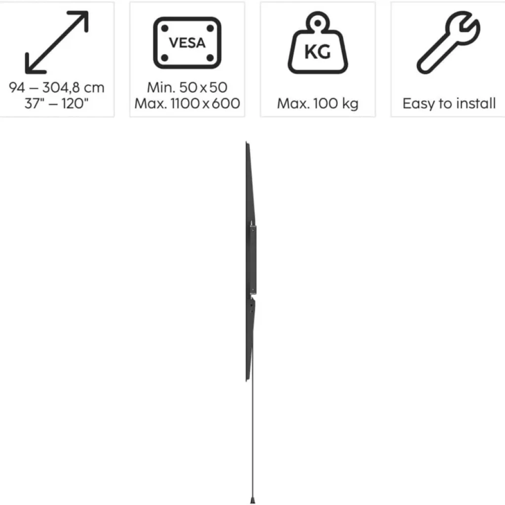 Hama 00220843 suporte TV fixo preto, até 120 polegadas e 100 kg, estrutura metálica robusta com nível de bolha integrado e tiras de liberação rápida - Item1