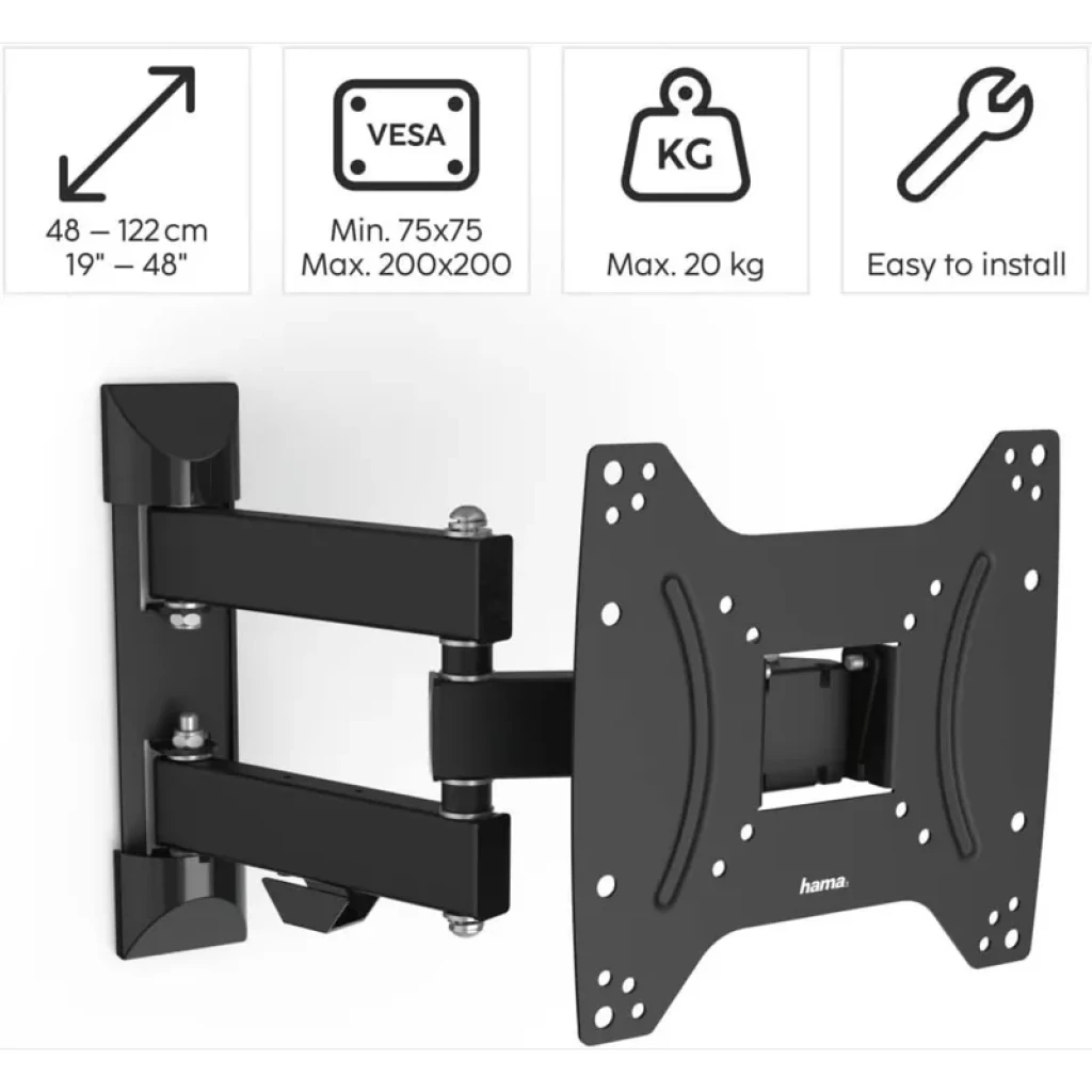 Hama 00220822 Suporte para TV preto articulado, parede, braços duplos, inclinação e giro, para telas 19 a 48, suporta até 20 kg, montagem VESA - Item3
