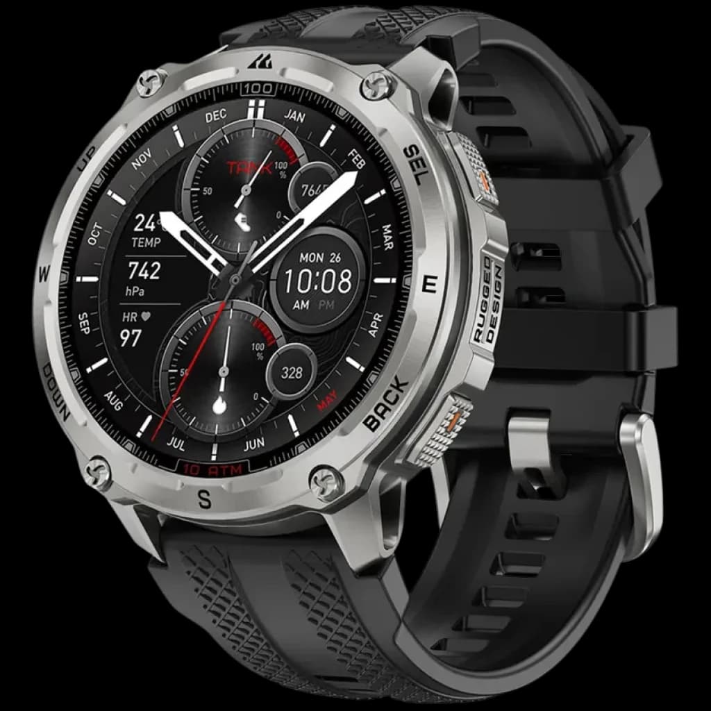 Kospet Tank T4 32GB Argent - Montre intelligente robuste argentée, boîtier métallique, lunette vissée, grand écran circulaire, bracelet noir perforé