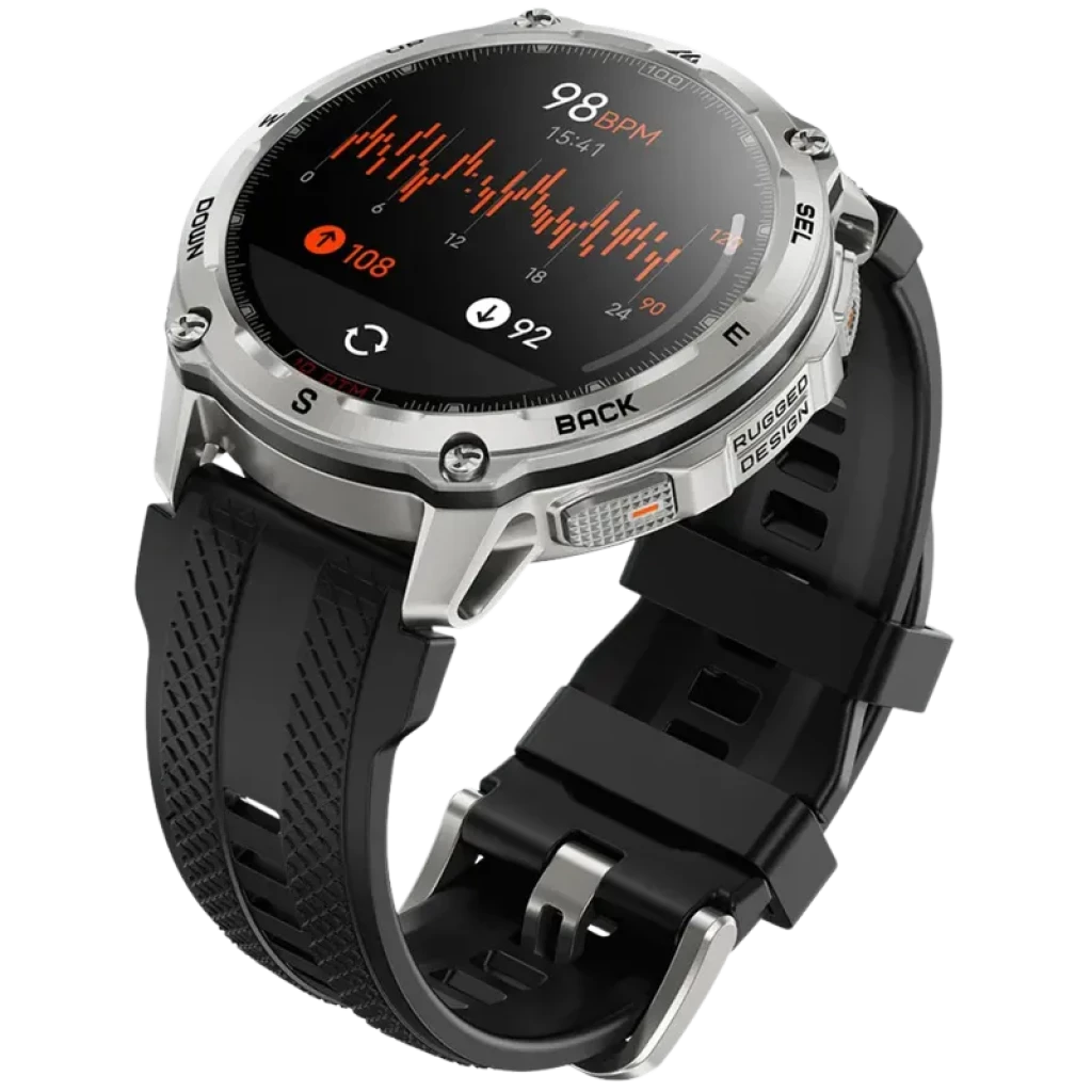 Kospet Tank T4 32GB Plata - Reloj inteligente con caja metálica plateada, bisel robusto, correa de silicona negra y pantalla redonda con múltiples diales - Ítem2