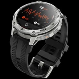 Kospet Tank T4 32GB Argent – boîtier métal argenté robuste, écran rond avec courbe ECG et BPM, lunette crantée, boutons latéraux, bracelet silicone