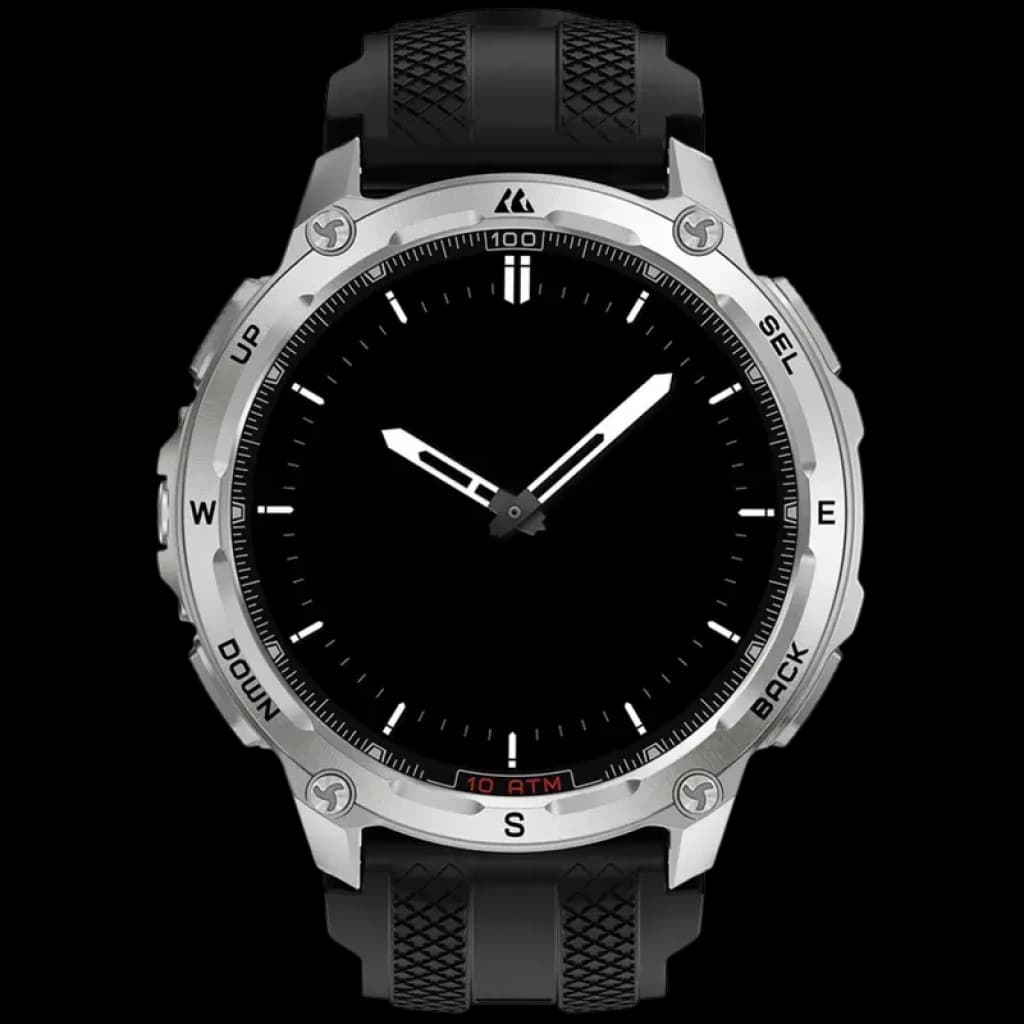 Kospet Tank T4 32GB Argent - Montre intelligente robuste argentée, lunette métallique avec marquages W S E N, écran noir minimaliste, bracelet noir texturé