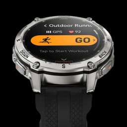 Kospet Tank T4 32GB Argent - Montre intelligente robuste en acier argenté, lunette vissée, écran rond AMOLED, boutons DOWN et BACK, bracelet noir texturé