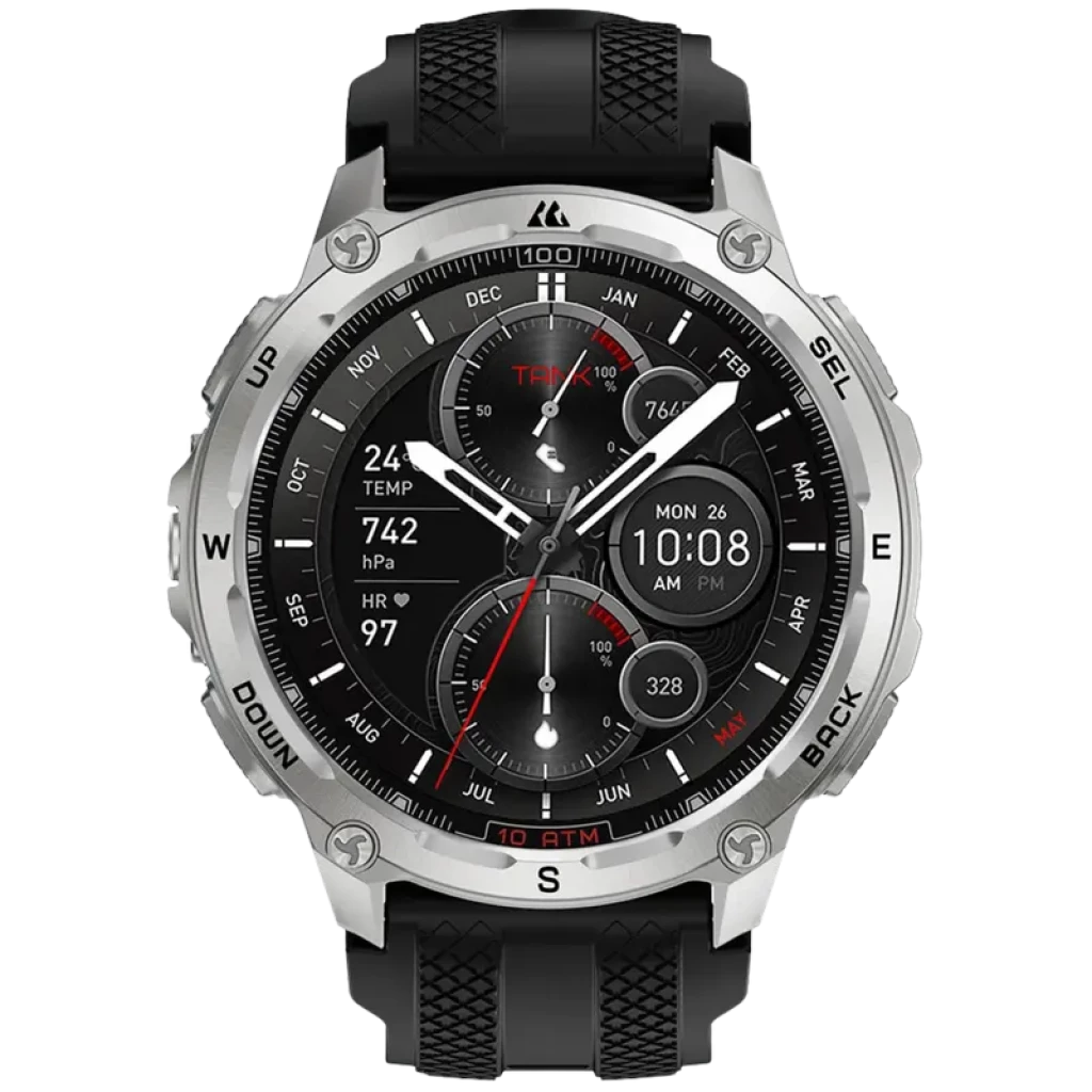 Kospet Tank T4 32GB Plata - Reloj inteligente con caja metálica plateada, bisel robusto, correa de silicona negra y pantalla redonda con múltiples diales - Ítem1