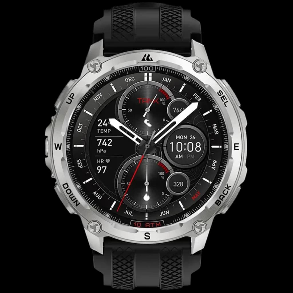 Kospet Tank T4 32GB Argent – boîtier argent robuste, lunette vissée, écran rond noir, boutons latéraux, bracelet silicone noir texturé, cadran