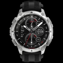Kospet Tank T4 32GB Argent – boîtier argent robuste, lunette vissée, écran rond noir, boutons latéraux, bracelet silicone noir texturé, cadran
