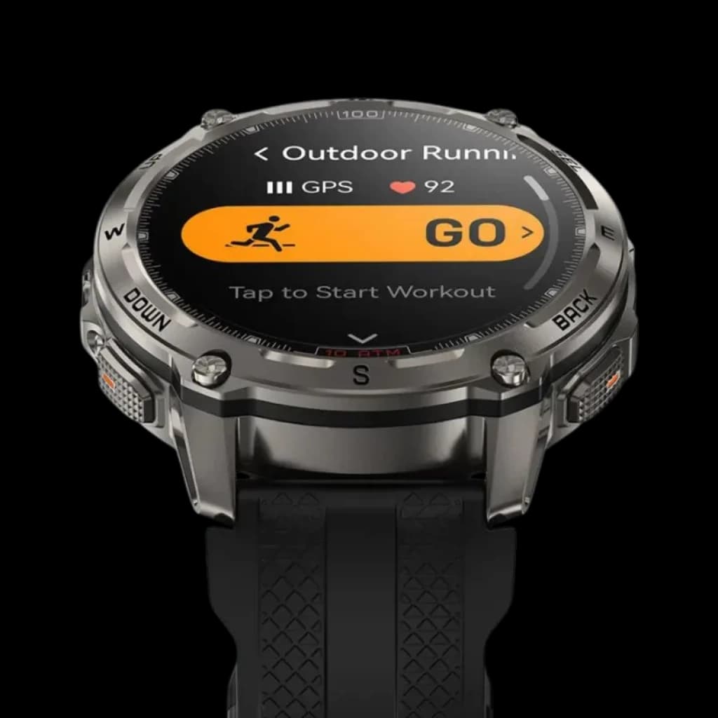 Kospet Tank T4 32GB Noir, montre robuste en métal, écran rond couleur, bouton GO orange, suivi GPS et cardio, bracelet noir texturé, vis apparentes