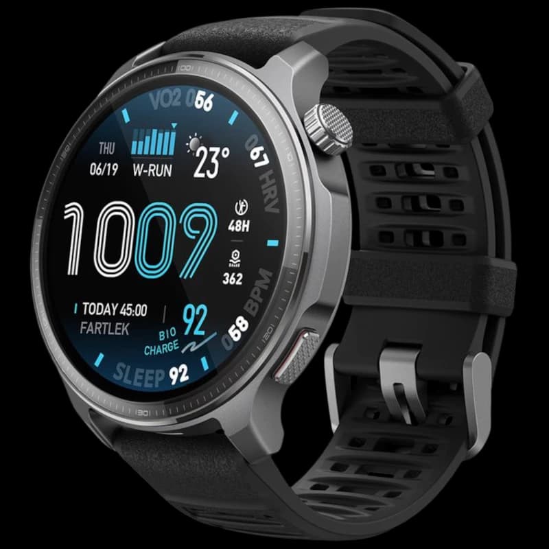 Amazfit Balance 2 XT Negro con caja metálica gris, pantalla circular con datos de salud y deporte, bisel robusto y correa de silicona perforada.