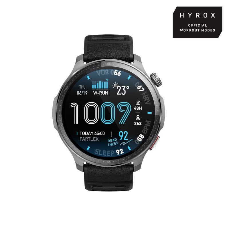 Amazfit Balance 2 XT Negro con caja metálica, pantalla circular AMOLED, bisel gris, dos botones laterales y correa de silicona negra deportiva.