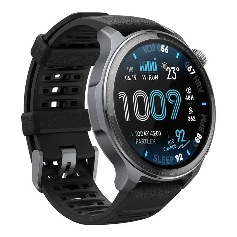 Amazfit Balance 2 XT Negro con caja metálica gris, bisel pulido y correa negra perforada; pantalla AMOLED con métricas de salud y deporte en azul/blanco