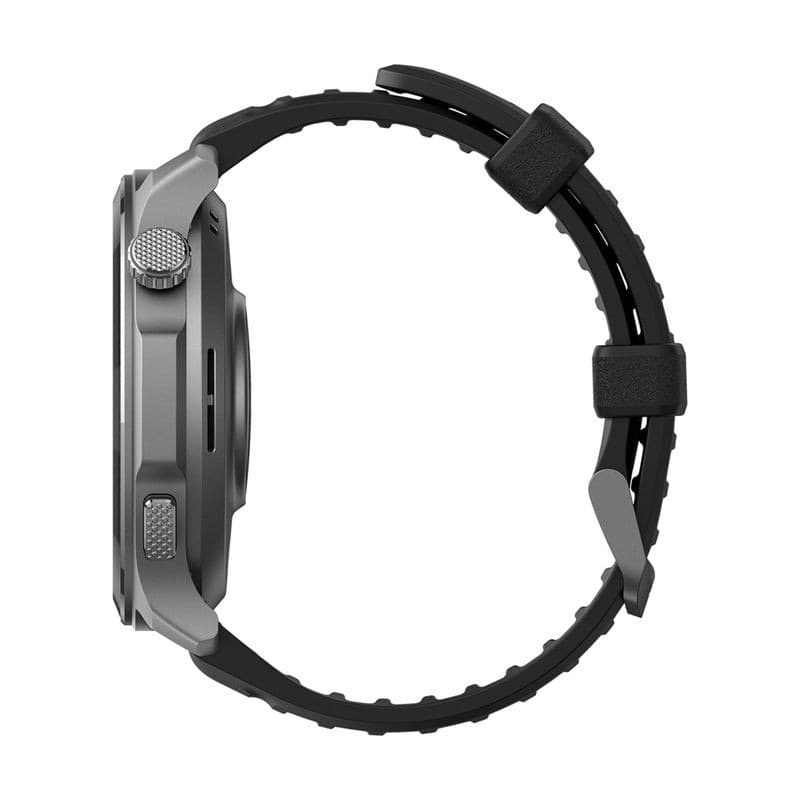 Amazfit Balance 2 XT Negro visto de perfil: caja gris metálica, corona texturizada, botones laterales, correa de silicona negra con hebilla y pasadores