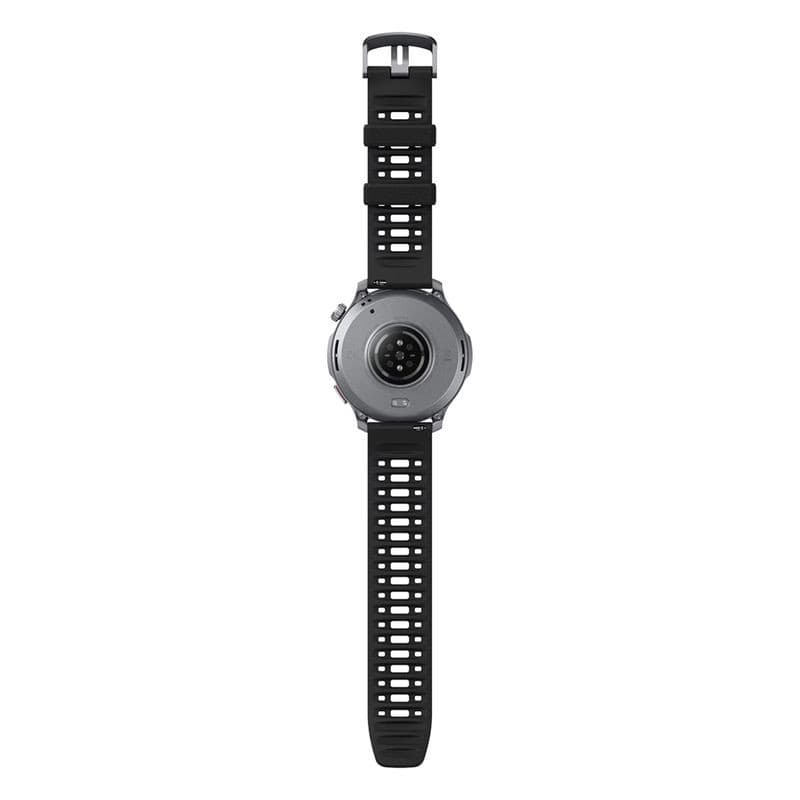 Amazfit Balance 2 XT Negro con correa de silicona perforada, hebilla clásica y sensor óptico trasero centrado en carcasa redonda gris oscuro.
