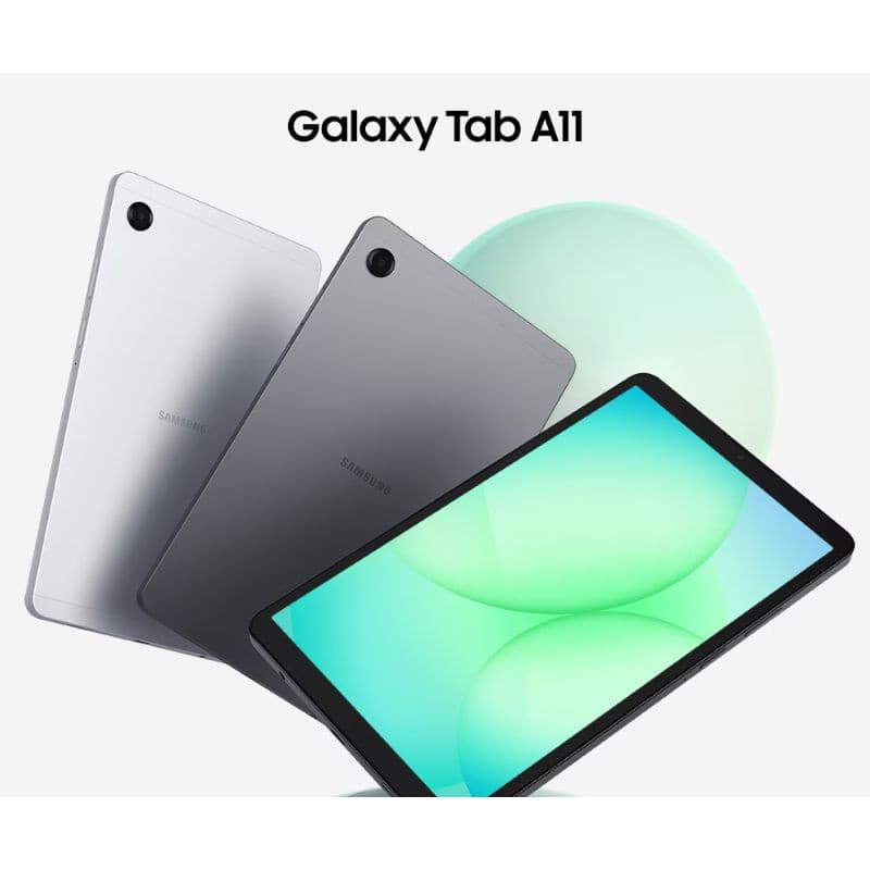 Samsung Galaxy Tab A11 LTE 8,7" en plata: diseño delgado, pantalla amplia, bordes finos, cámara trasera única, opciones 8GB/128GB, Wi‑Fi y 4G LTE.