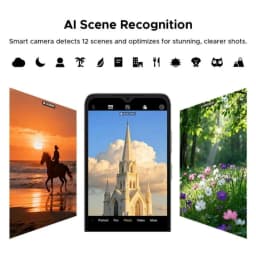 Doogee Note 56 3Go/64Go Noir montrant reconnaissance de scènes IA avec 12 modes, interface caméra au centre et exemples de paysages nets et colorés
