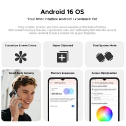 Interface Android 16 avec personnalisation des couleurs, presse-papiers amélioré, double espace, détection corporelle, extension de mémoire et optimisation